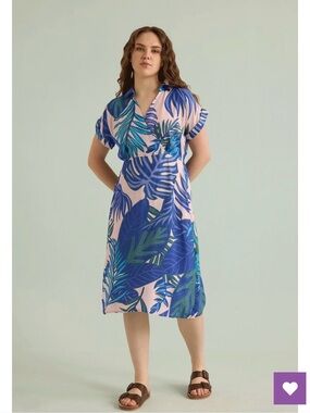 Tropical Blue & Pink V‑Neck Swim Coverup Dress